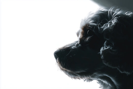 Dog watches intently in ethereal glowing light with fur rimmed by soft illumination, captivated by an unseen presence in a surreal setting