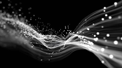 Fluctuating energy data visualized through high-speed abstract chart as streams of white light against a black background