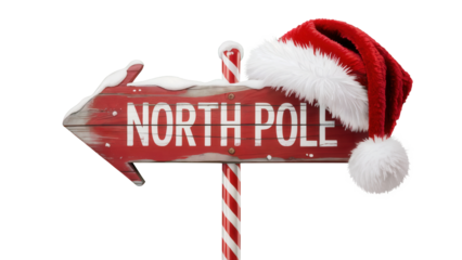 Rustic red arrow sign pointing left with north pole text and santa hat isolated on transparent background