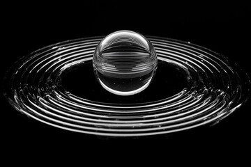 Hovering sphere divides into concentric spinning rings, illustrating motion and dynamics in a minimalist setting