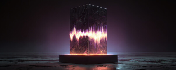 Levitating monolith emits glowing animated waveforms in a dark, futuristic environment
