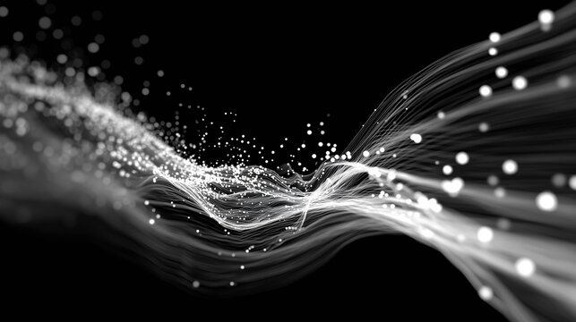 Fluctuating energy data visualized through high-speed abstract chart as streams of white light against a black background - Powered by Adobe