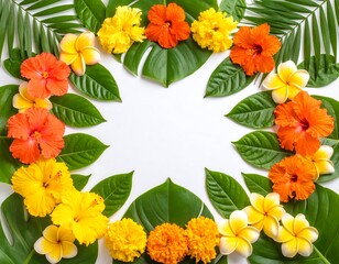 Fototapeta premium Tropical flowers and leaves arranged in a frame