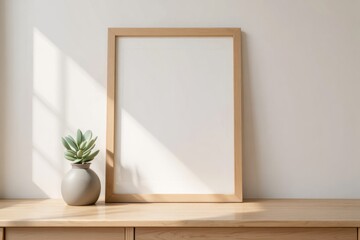 Fototapeta premium Minimalist frame and plant on wood shelf in serene interior setting