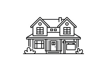Simple black and white line drawing of a two story house with a for sale sign