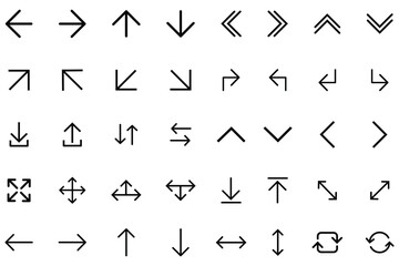 Arrows icons set. Vector arrows of various shapes and directions. Set of new style black vector arrows UI isolated icons. Set of line vector icon. Vector illustration.