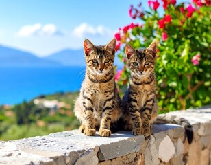 Obraz premium Two kittens sit on a stone wall overlooking a sea and mountains