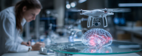 Drone hovers above transparent table displaying a rotating digital brain model in modern laboratory setting during research activity