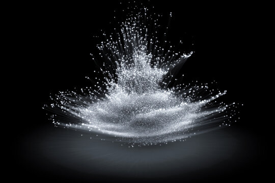 Abstract scatterplot of light particles creating a dynamic sonic shape in mid-motion on a dark background