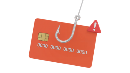 Red credit card impaled on a fishing hook with a warning sign symbolizing financial fraud and data theft isolated on transparent background