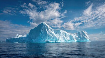 Massive blue iceberg floating in cold ocean water under bright cloudy sky with sunlight reflections