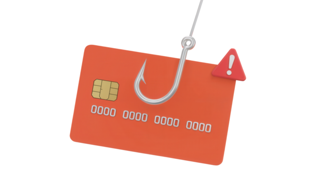 Red credit card impaled on a fishing hook with a warning sign symbolizing financial fraud and data theft isolated on transparent background