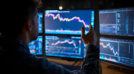 A focused trader analyzes market data on multiple monitors, gesturing toward fluctuating graphs and candlestick charts.