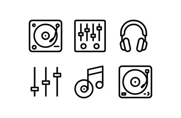 Minimalist music icons set: turntable, mixer, headphones, notes