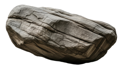 Large textured rock resting on a flat surface with detailed cracks and grooves, transparent background, cutout PNG