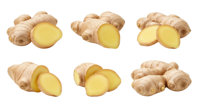 Fresh ginger root pieces with whole ginger in various orientations on a transparent background, cutout PNG