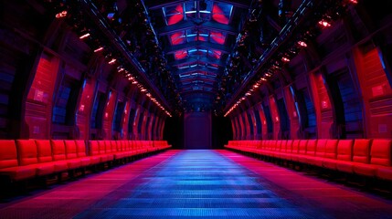 A futuristic runway awaits its moment, lined with sleek red chairs. Dynamic red and blue lights illuminate the center, creating an electrifying atmosphere for a high-stakes fashion show.