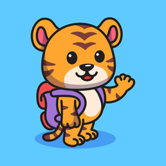 Cute Tiger Cub Wearing a Backpack Waving Hello Cartoon Character Illustration With Orange Fur Black Stripes And Blue Background