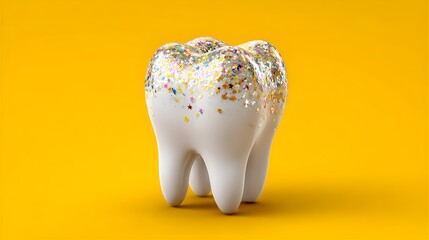 A glossy, 3D-rendered tooth stands prominently against a bright yellow background. The tooth features a small opening