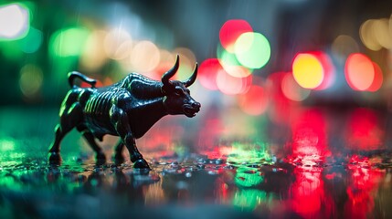 A glossy black bull figurine stands confidently on a wet surface, reflecting colorful city lights in the background.