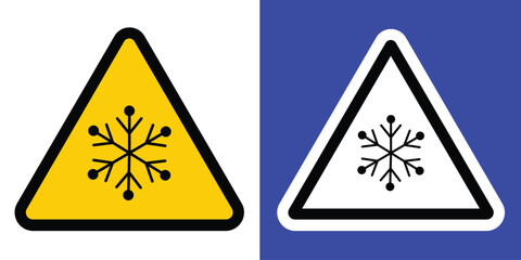 Vector warning sign illustration showing a hazard symbol split into yellow and blue halves. Features a snow flake icon, symbolizing danger, electricity, and fire risk in safety design.