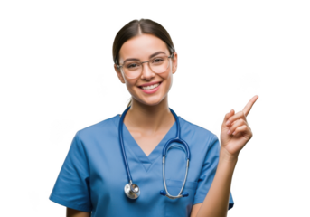 Smiling female medical professional wearing scrubs and stethoscope pointing to the right isolated on transparent background