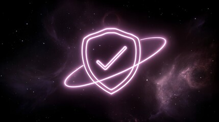 A glowing shield icon surrounded by a cosmic backdrop radiates a sense of security and trust. The neon outline and checkmark symbolize protection and assurance in a digital landscape.