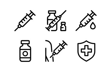 Obraz premium Medical vaccine icons: syringes, vials, health symbols in linear design