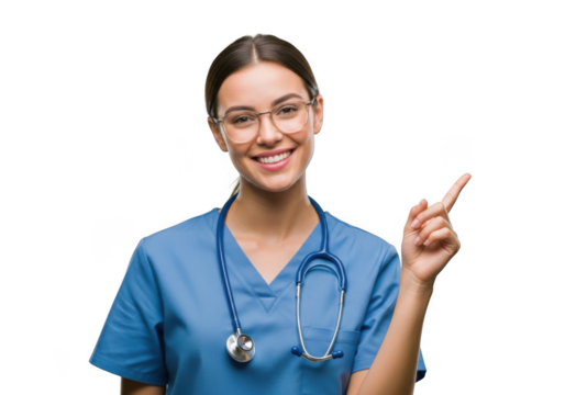 Smiling female medical professional wearing scrubs and stethoscope pointing to the right isolated on transparent background