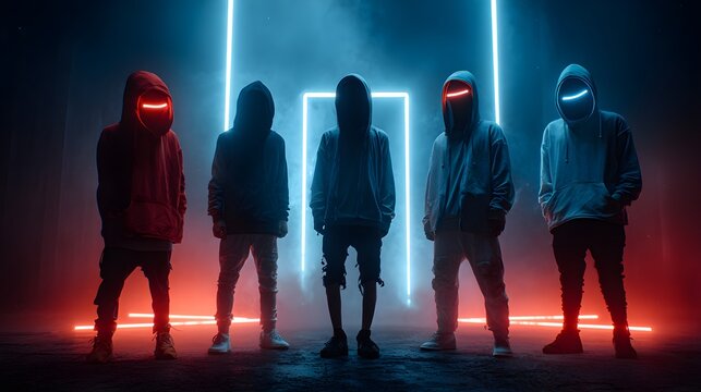 A group of five hooded figures stands in a striking futuristic setting, illuminated by neon blue and red lights. Their