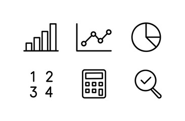 Minimalist business data icons: graphs, charts, and tools in line art
