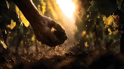 A hand gently holds rich soil against the backdrop of sunlit grapevines. The warm glow of the sunset highlights the texture of the earth, symbolizing growth and the nurturing of natures bounty.