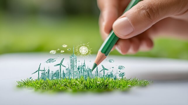 A hand holds a green pencil, sketching a vibrant city skyline on lush grass. The illustration features wind turbines,