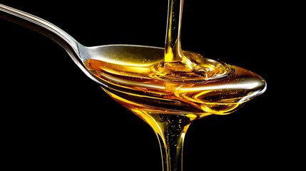 Golden liquid honey dripping from a spoon into the bowl