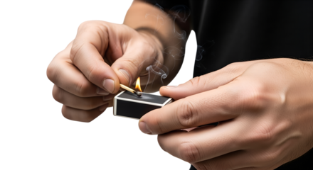 Close-up of a Man's Hand Striking a Match, Creating a Spark of Ignition on a Black Matchbox Against an Isolated transparent Background