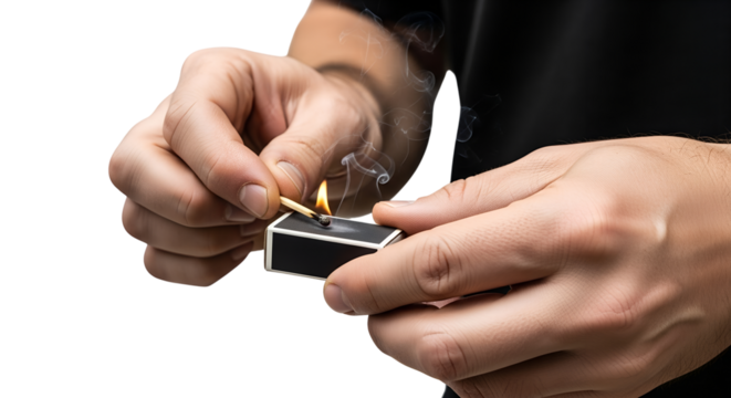 Close-up of a Man's Hand Striking a Match, Creating a Spark of Ignition on a Black Matchbox Against an Isolated transparent Background