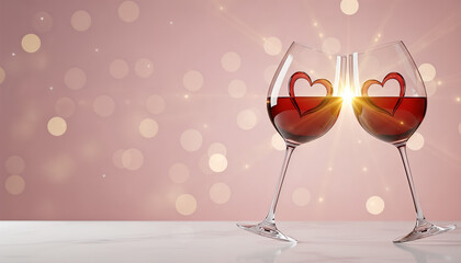Two glasses of red wine with heart decorations celebrating Valentine's Day, place for text  