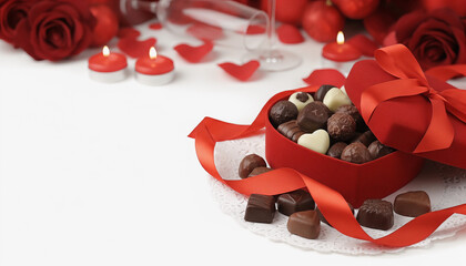 Gift box of chocolates with red roses and candles for Valentine's Day, place for text  