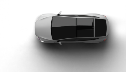 Top view 3D render of a white colored premium electric vehicle on a transparent background