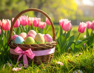 Easter basket filled with colorful eggs in a garden