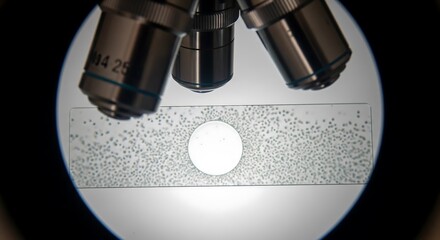 Antibiotic effect zone on glass slide, focused on by a microscope lens, a symbol of science in action