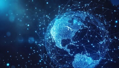 The illustration shows a digital rendering of the Earth, with glowing nodes and lines representing connections, highlighting global networks and communications.