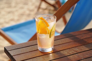 Refreshing citrus drink on a wooden table at sunny beachside cafe