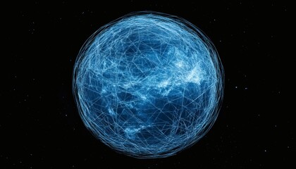 The illustration shows a luminous blue orb in dark space, composed of interconnected lines resembling a network or web structure.