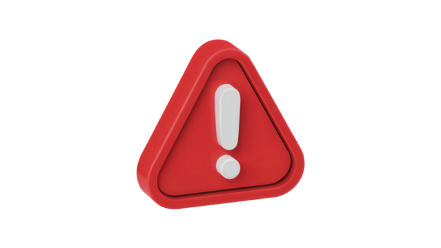 Red triangular warning sign with a white exclamation mark symbol isolated on transparent background