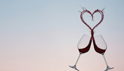 Two wine glasses clinking with red wine,  wine splashes form a heart shape, place for text  