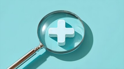 Fototapeta premium A magnifying glass hovers over a white cross symbol on a soft turquoise background. The glass distorts the shape, emphasizing the theme of health and wellness, highlighting clarity and focus.