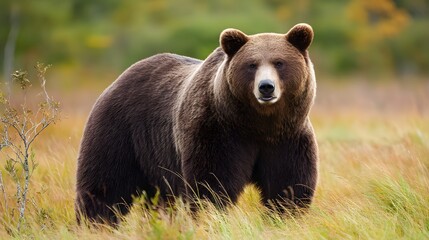 A majestic brown bear stands in a serene landscape, surrounded by soft grasses and sparse shrubs. Its powerful presence contrasts beautifully with the soft greens and browns of the natural setting.