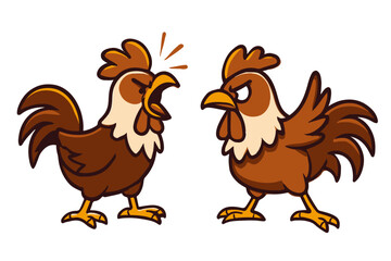 Fototapeta premium Vibrant cartoon illustration of two angry roosters in a heated argument, one yelling intensely and the other looking stern, symbolizing conflict, rivalry, and sharp disagreement