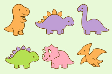 A delightful and colorful concept collection of cute baby dinosaurs. This vector illustration set features friendly prehistoric animal characters for children's designs